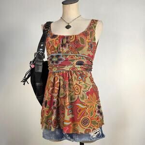 Y2K Floral Psychedelic Tank Top Boho Festival Retro 70s Hippie Mirco Mesh Large